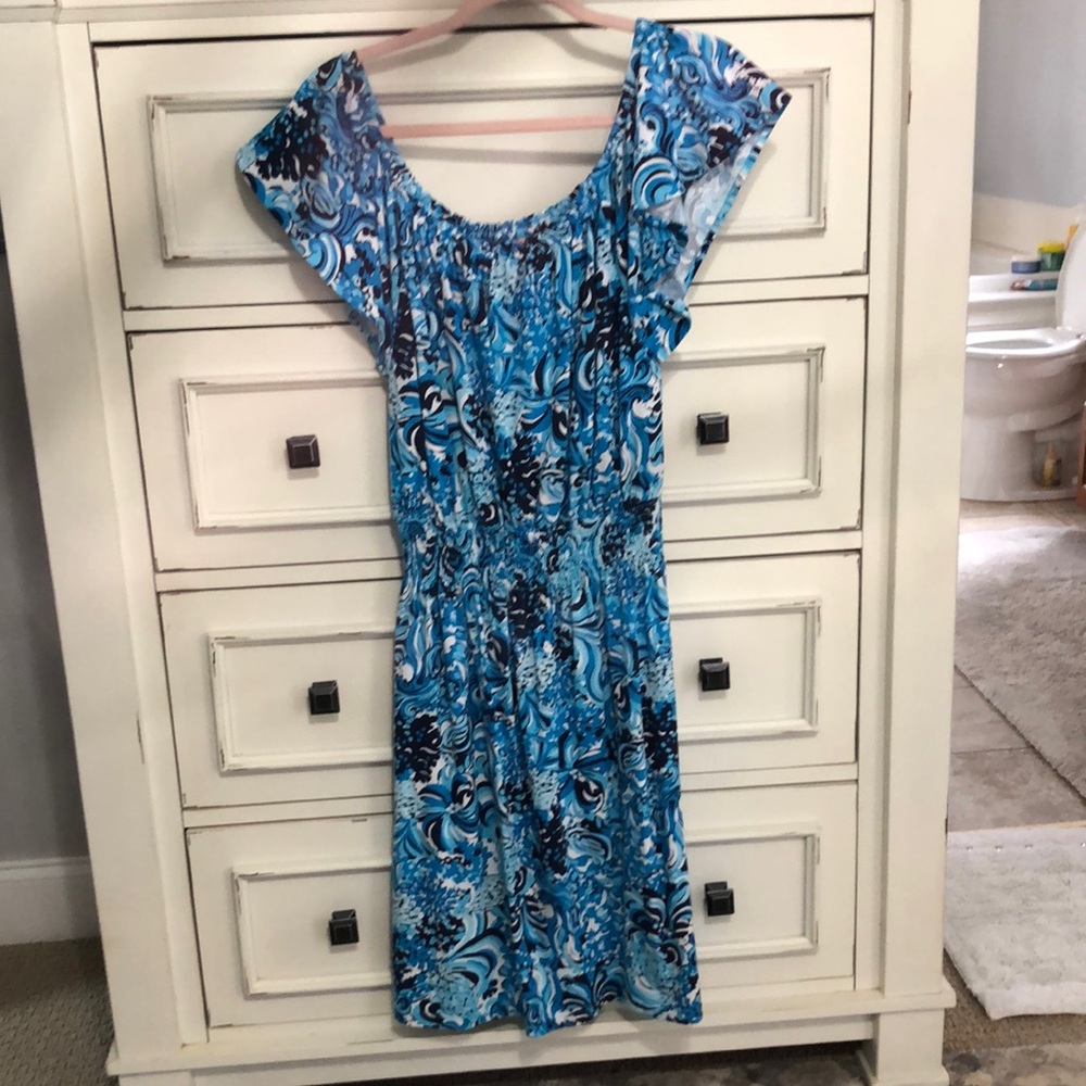 Blue and navy midi off the shoulder dress